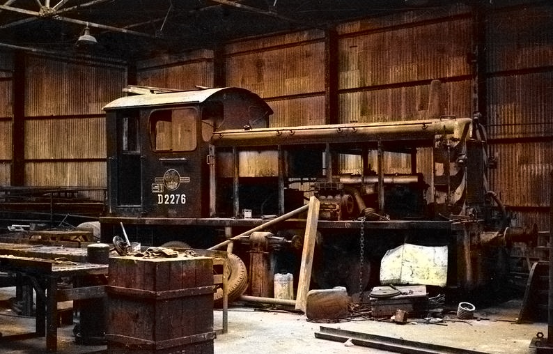 This picture is believed to have been taken in July 1974.  It shows D2276 inside Old Dock Works (United Wagon Company), Pillgwenlly.  Various components by then having been removed.