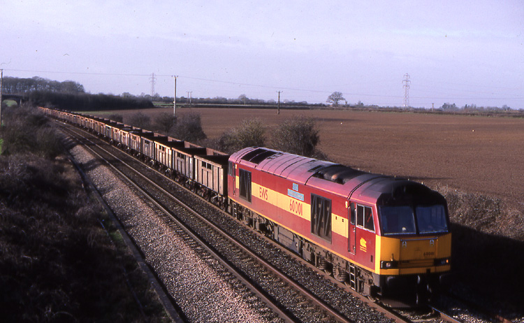 60001 at Berkley Marsh, near Frome, with 6W50 Taunton to Westbury engineers’ train, 10th February 2002. Mark Few