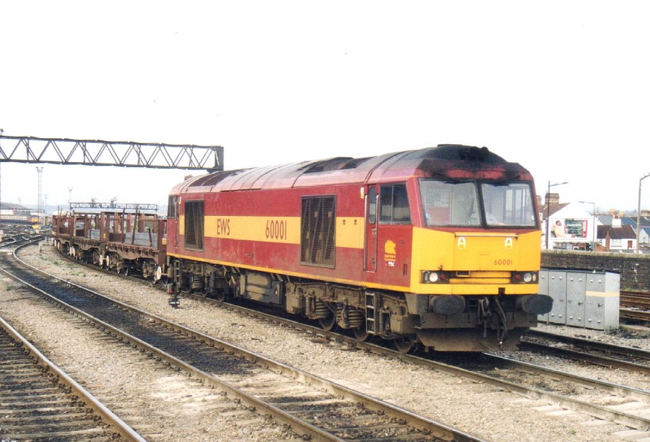 60001 approaches Cardiff with loaded steel slab, possibly Margam to Llanwern, 18th March 2000. Dave Campbell