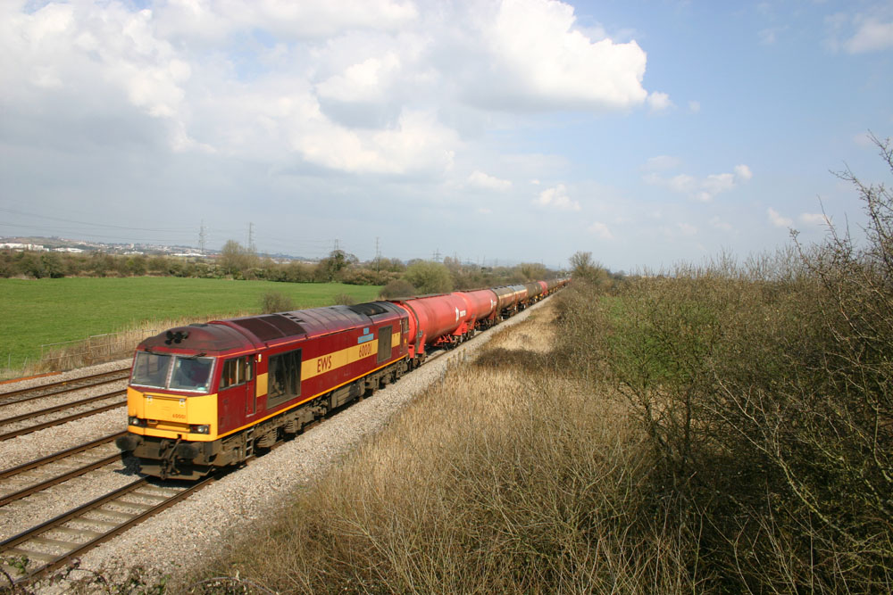 60001 at Coedkernew with 6B28 Westerleigh to Margam empty Murco bogie oil tanks, 26th March 2005. Garry Sparks
