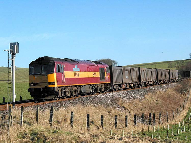 60001 at Hellifield with 6M52 Drax to Kirkby Thore containerised gypsum, 23rd January 2003. Alan Seymour