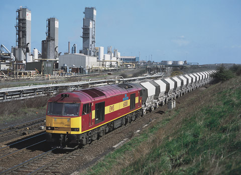 60001 passing Lackenby with 6M46 Redcar to Tees yard empty limestone hoppers, which continued as 6M46 Tees yard to Hardendale (Shap) behind a different locomotive, 20th April 2001. Peter J Robinson