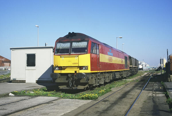 60001 at Strand Road entrance to Liverpool Docks with 7F81 10.20 Liverpool Bulk Terminal to Fiddlers Ferry Power Station loaded MGR, 1st May 2001. Doug Birmingham (8A Rail)