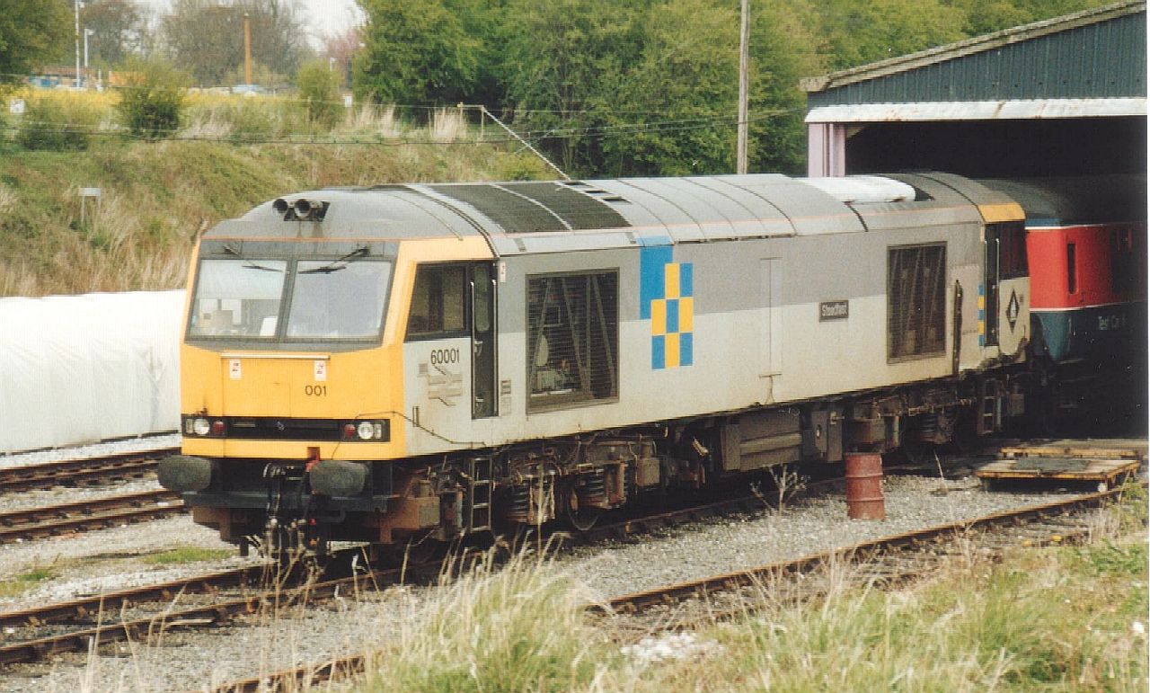 60001 with Test Car 6 at Mickleover, 19th April 1990. Dave Campbell
If you look carefully you can see instrumentation cables on the outside of the locomotive and connected to Test Car 6. They are also visible on the later photographs of the trials in Scotland.