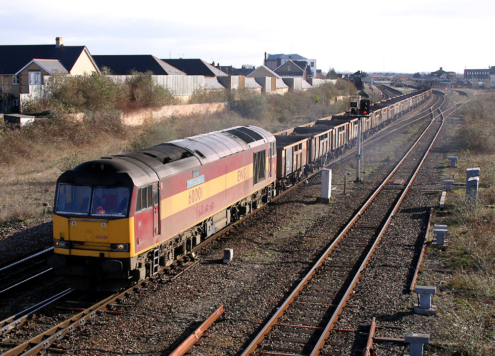 60001 leaving Taunton with 6W29 engineers’ train to Exeter Riverside yard, now loaded with used ballast, 20th February 2005. Brian Garrett