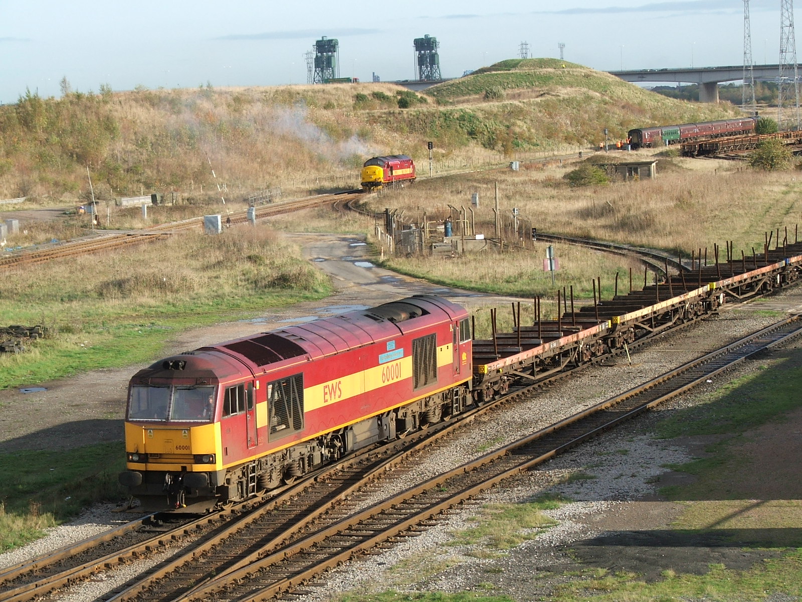 60001 reversing steel empties into Tees yard having arrived from the east, 5th November 2005. Jonathan Granger
In the background 37417 runs round a Branch Line Society rail tour with 37416 at the far end of the train.