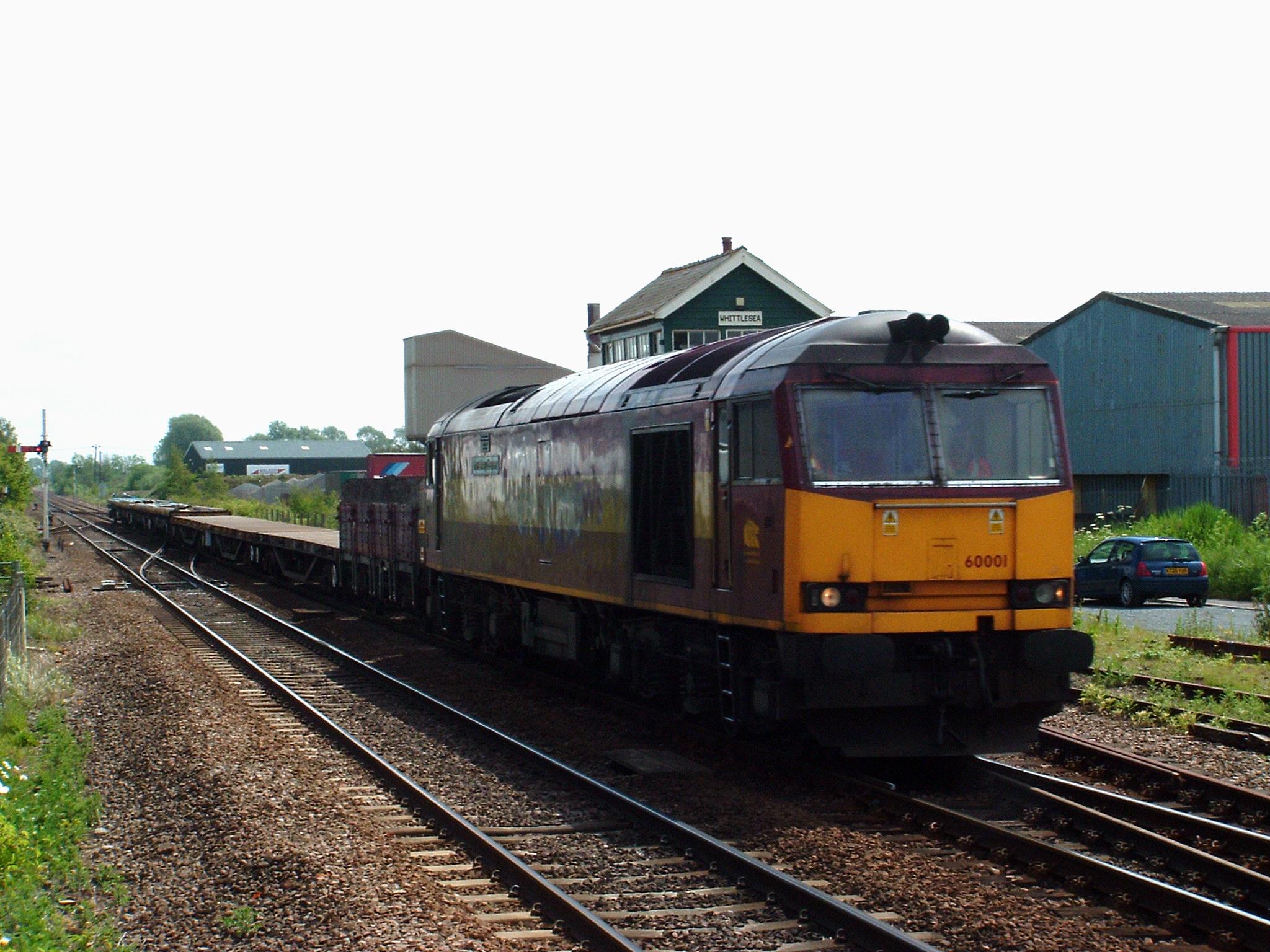 60001 passing Whittlesea signal box with 6E56 Whitemoor Yard to Tallington, going to collect new concrete sleepers, 3rd June 2005. Robert Brooks