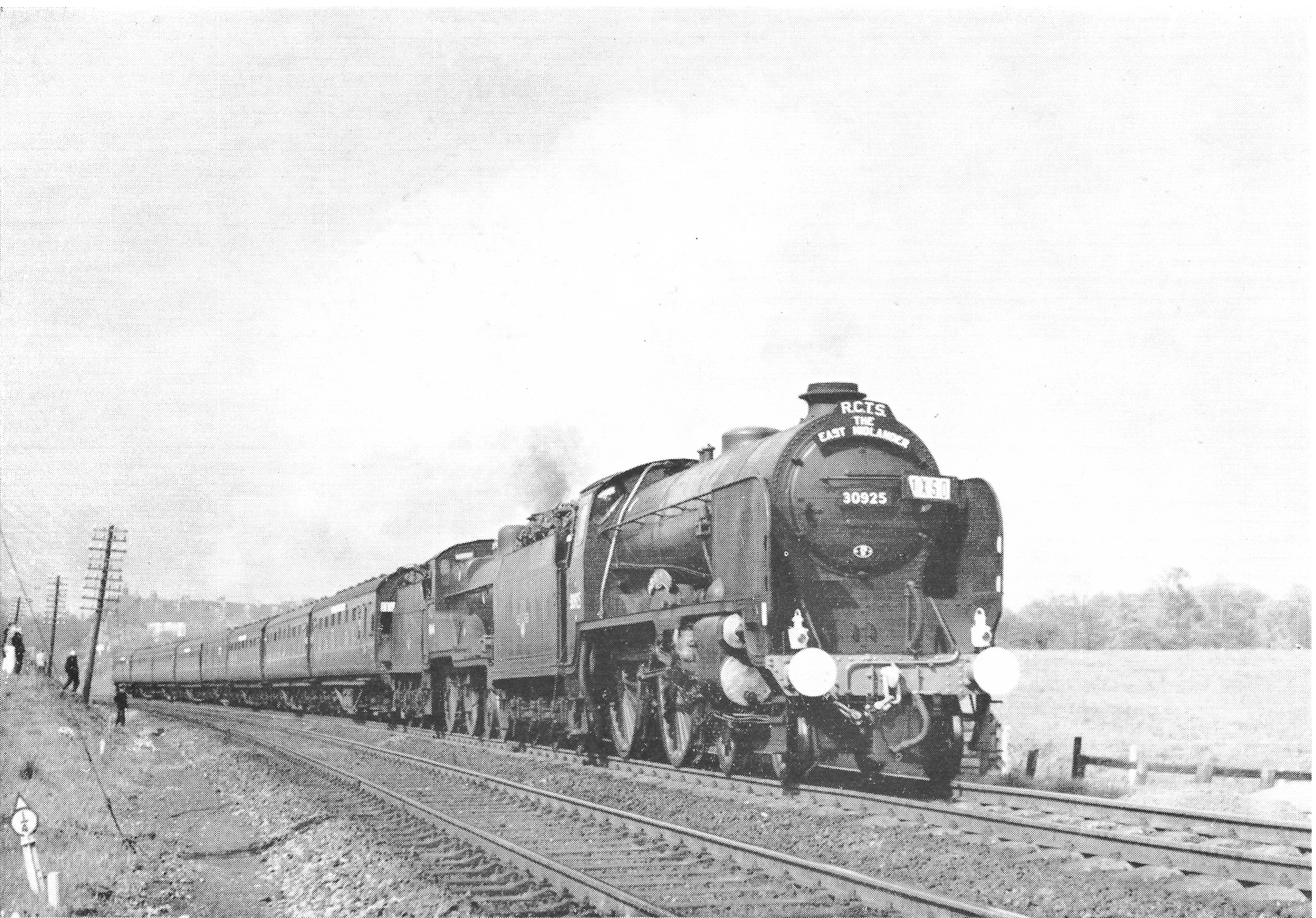 East Midlander No.5. 30925 and L.M.S. Class 2P 4-4-0 No. 40646 approaching the Tees viaduct at Croft, 13th May 1962. R. Leslie
Scanned from July 1962 RO. The report in RO ended “In the L.M.R. Stock Alterations list issued on 18th May, it was discovered that 40646 was officially withdrawn w/e 12/5/62. It is certainly unusual for a withdrawn locomotive to immediately run a 300-mile tour, some of it at speeds in excess of 80 m.p.h. !” The editors added “We understand that 40646 was withdrawn on the official life expiration of its boiler, and that it was given a special “stay of execution” to work this train. Its performance clearly pointed to an otherwise excellent mechanical condition.”